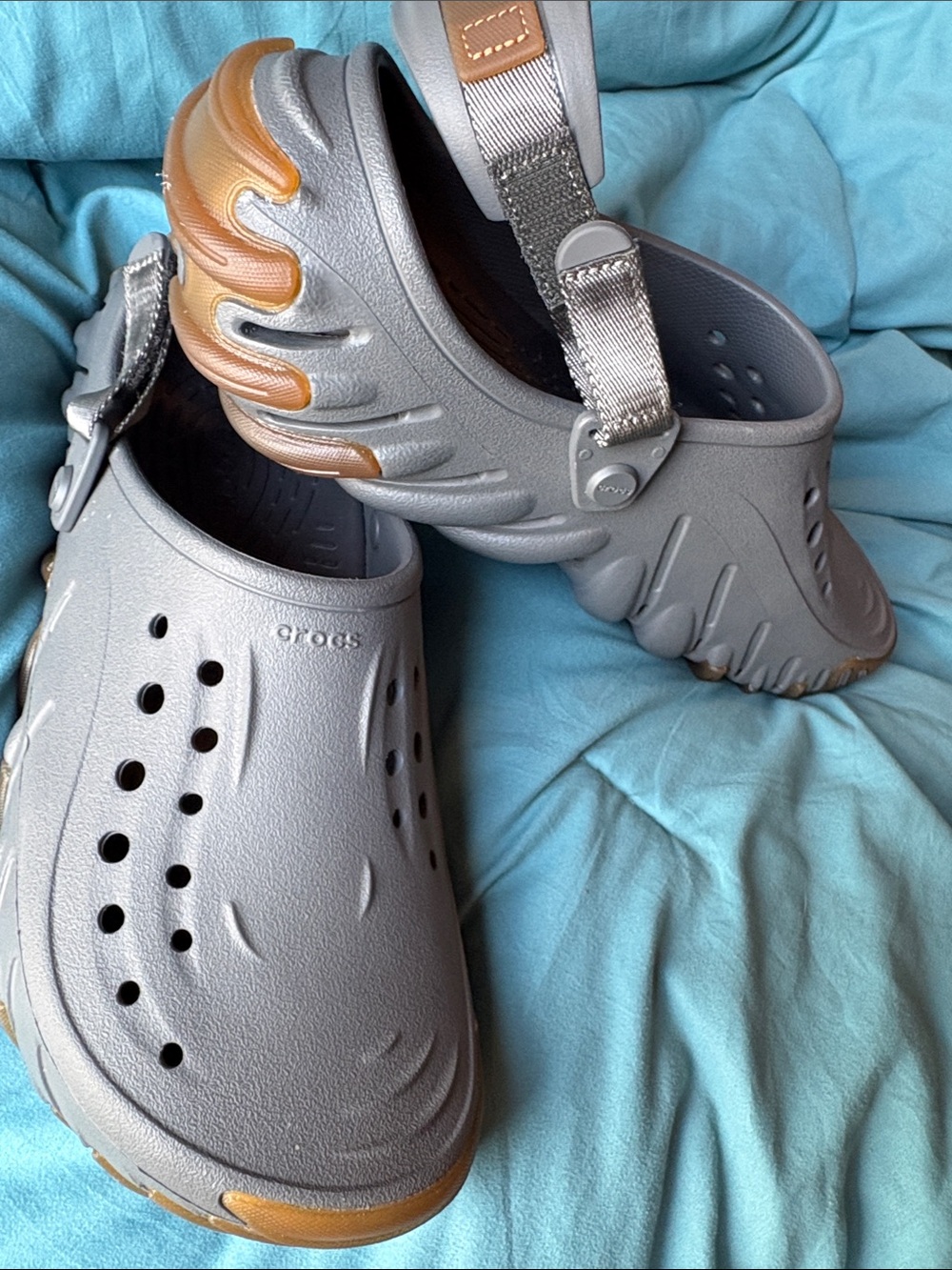 CROCS Men's Gray Clogs with Tan Accent Heel